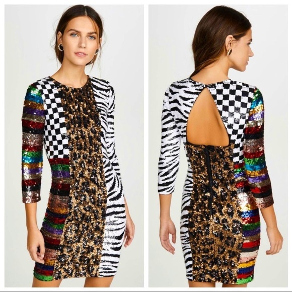 Alice And Olivia Jae Multi Sequin Patchwork Keyhole-back Sheath Dress Size 0 NWT